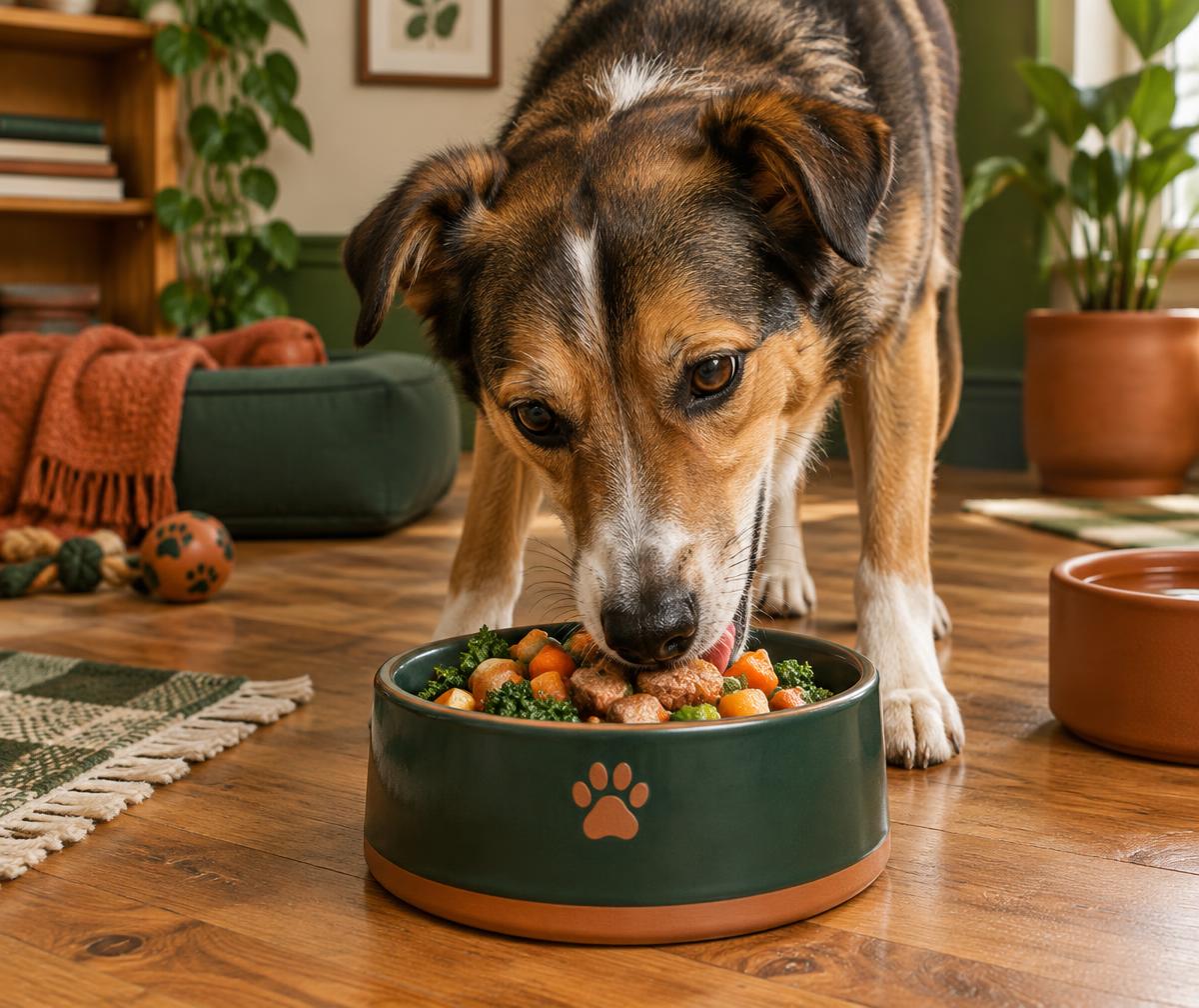 Hund frisst frisch gekochtes Futter aus einem grünen Napf