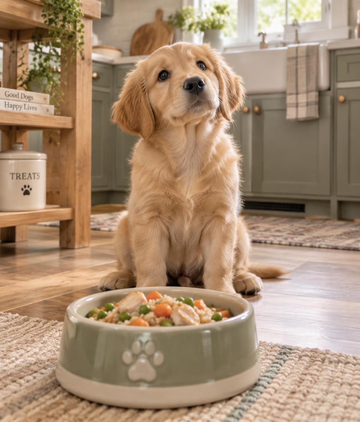 Golden-Retriever-Welpe schaut erwartungsvoll auf seinen Futternapf