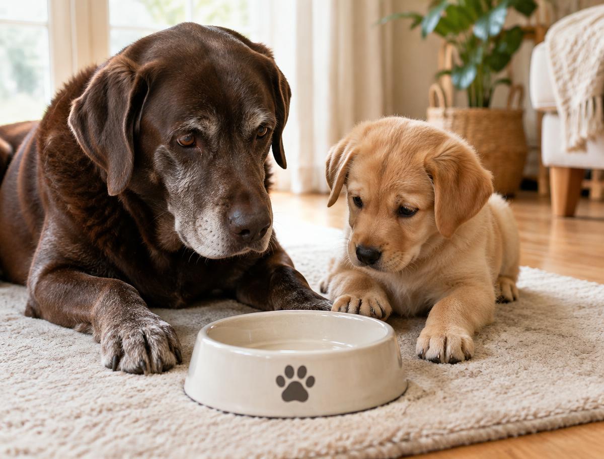 Älterer Labrador und Welpe liegen neben einem leeren Futternapf